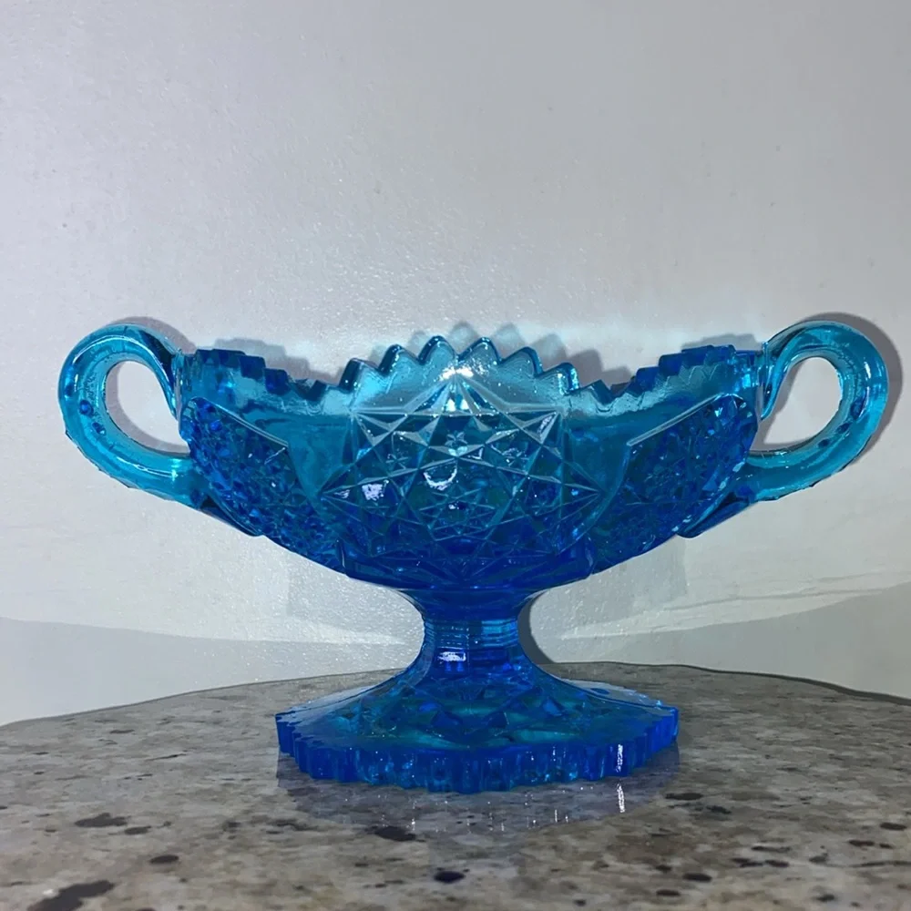 Vintage 1970s Kemple Wheaton Blue Glass Star Sawtooth Edge Handled Pedestal Bowl